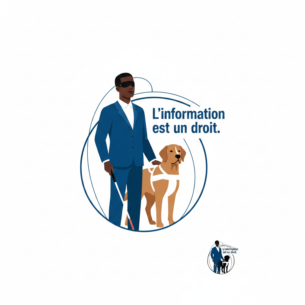 Homme aveugle noir debout avec une canne blanche accompagné d’un chien guide couleur caramel, avec le slogan « L’information est un droit ».